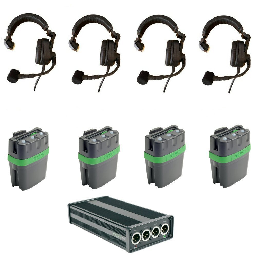 TSS-3 Starter Set of communication headsets and Tecpro beltpacks with Altair intercom PSU on a white background